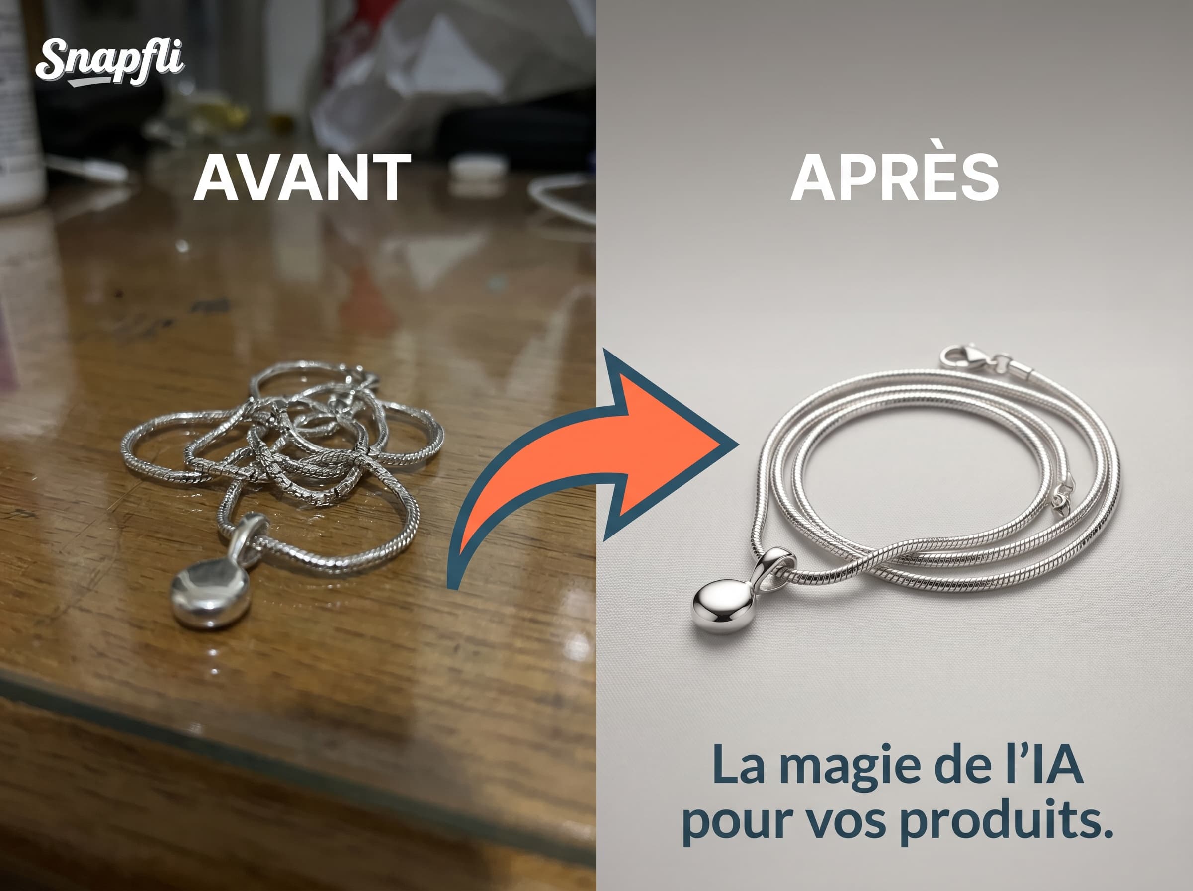 Collier argent — avant et après Snapfli